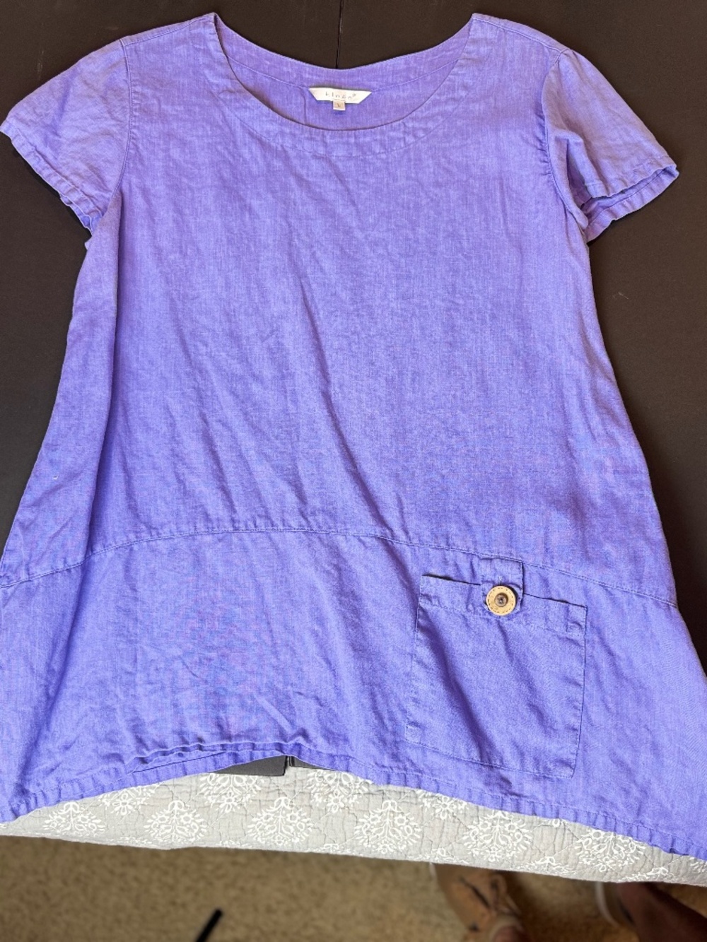 KLEEN 100% Linen Asymmetric Hem Tunic Top L Periwinkle Patch Pocket Slits